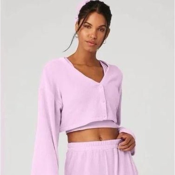 Alo Chenille Chalet Crop Cardigan Size M - pink - Picture 3 of 6